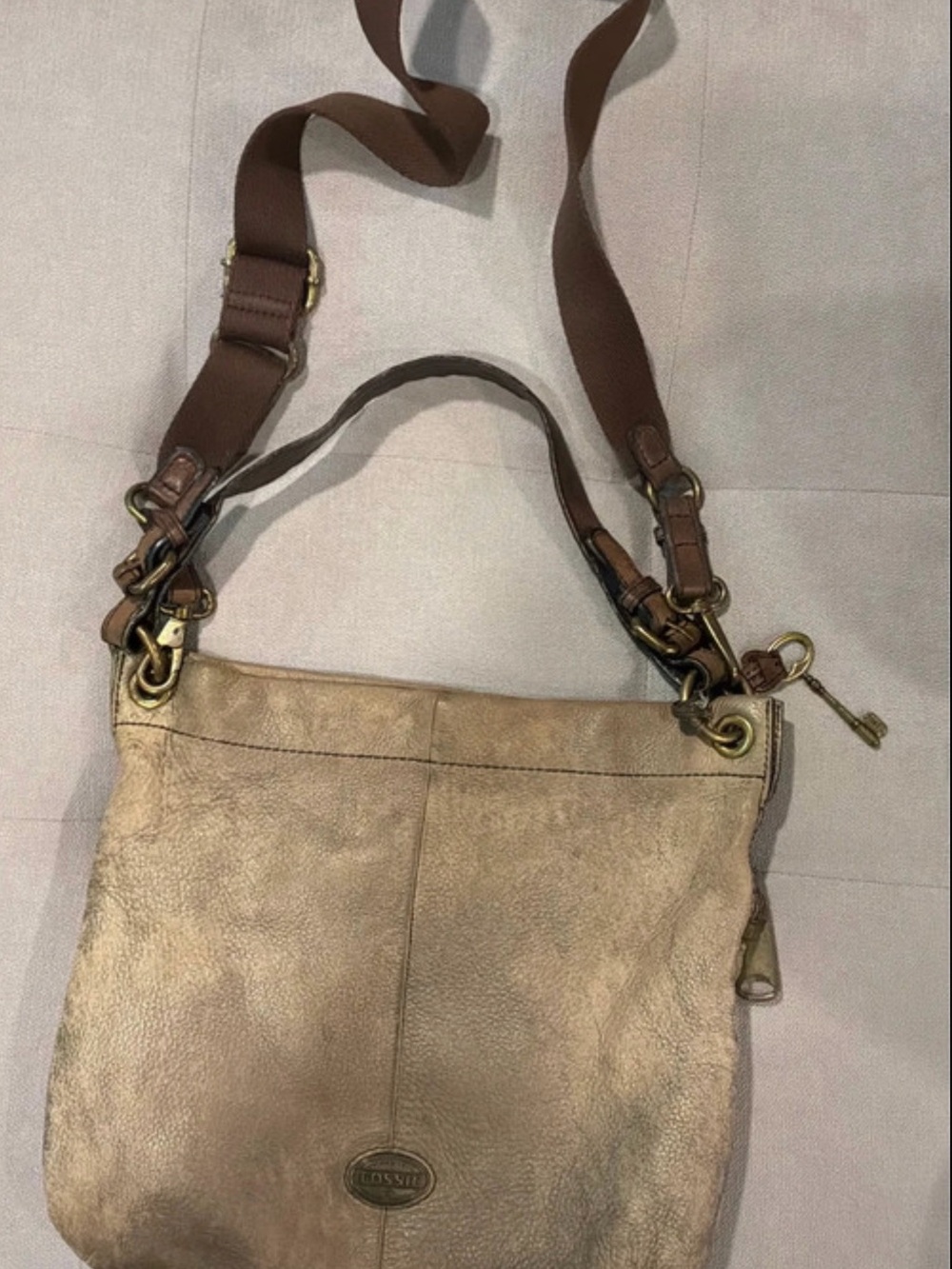 Fossil Taupe Leather Crossbody with Brown Adjustable Strap